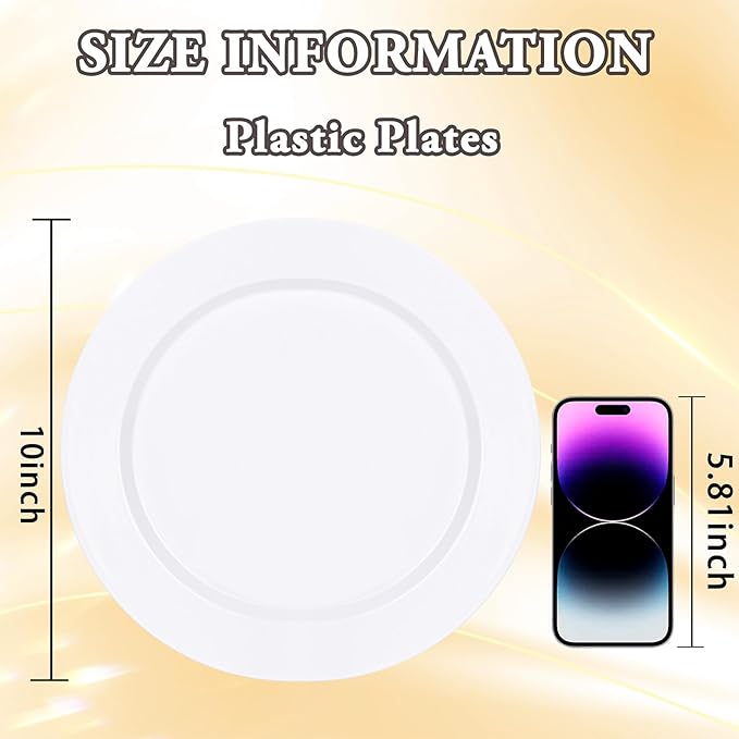 100PCS White Plastic Plates, 10 Inch Disposable Dinner Plate Party, Heavy Duty Disposable Plastic Plates for Party, Wedding and Birthday