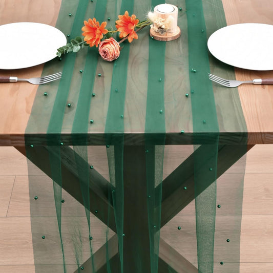 Dark Green Pearl Fall Thanksgiving Table Runner Boho Rustic Tulle Lace Table Runner for Baby Shower Wedding Arch Decor Veil Dessert Table Decor
