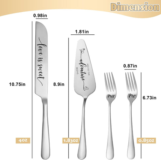 Engraved Wedding Cake Knife and Server Set, Silver Wedding Cake Cutting Set, 4 Pcs Includes Mr and Mrs Forks, Funny Engagements Gifts for Couple