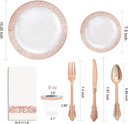 I00000 50 Guests Clear Rose Gold Plastic Plates - Disposable Dinnerware Set Includes: 100 Clear Rose Gold Plastic Plates, 150 Silverware, 50 Napkins, 50 Cups Perfect for Party & Wedding