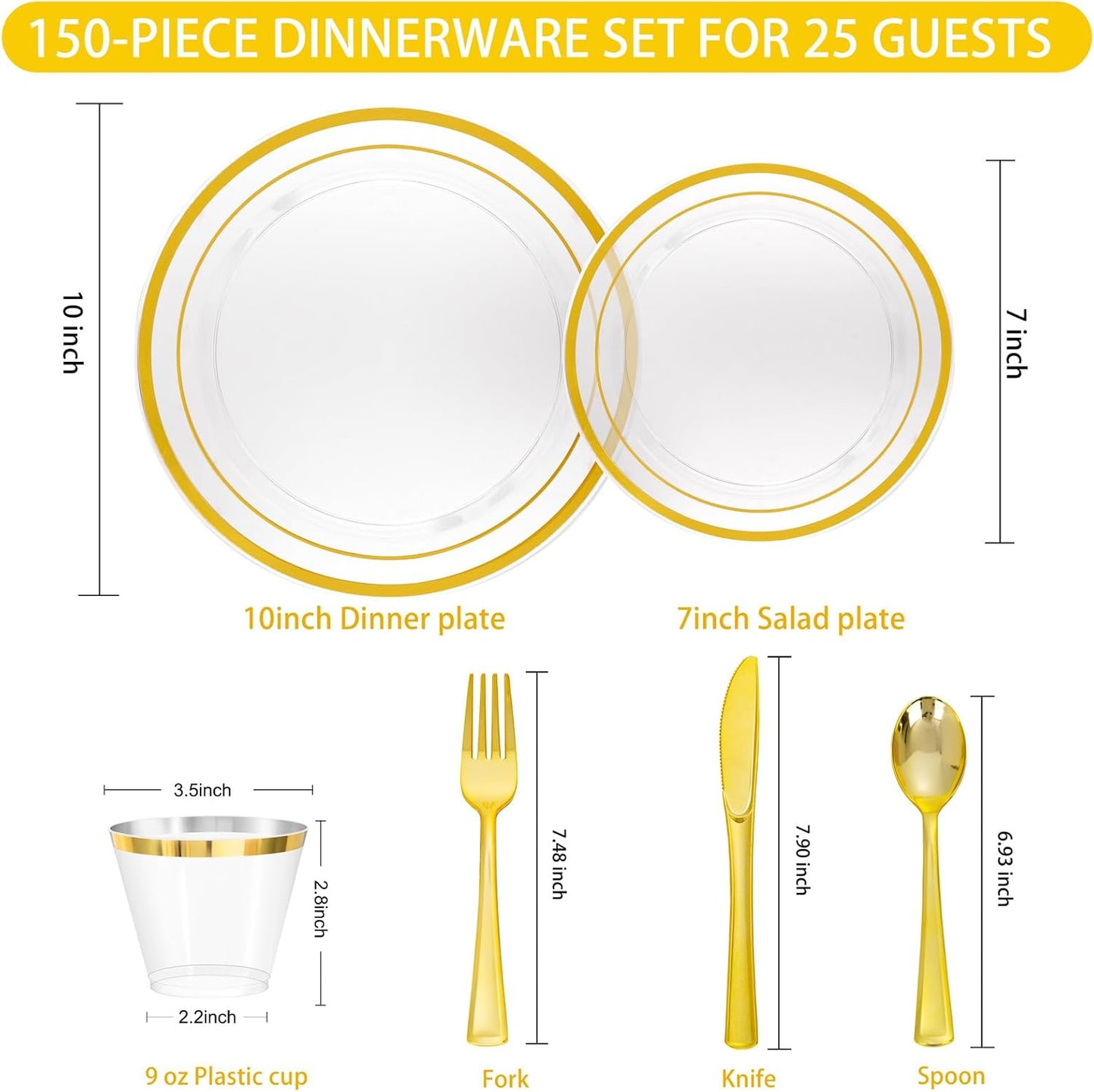 150 PCS Clear Gold Disposable Dinnerware Set for 25 Guests, Clear and Gold Plastic Plates for Party, 25 Dinner Plates, 25 Salad Plates, 25 Cups, 25 Spoons Forks Knives for Wedding and Party Supplies