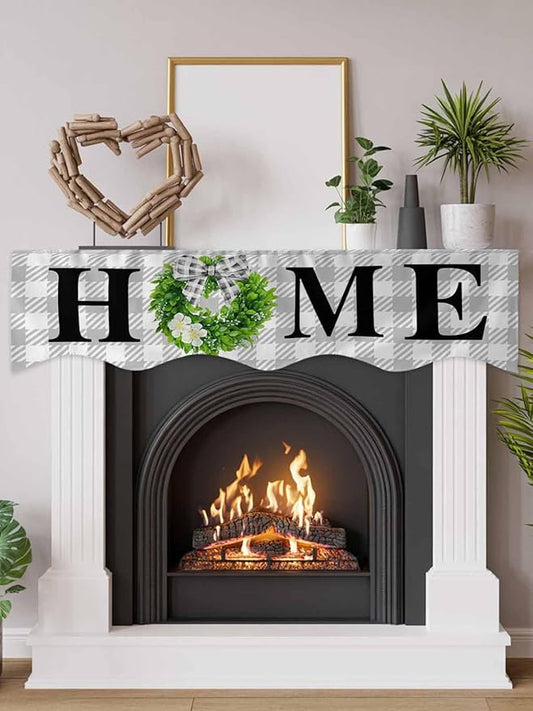 Rustic Home Fireplace Mantel Scarf Table Runner,Green Eucalyptus Leaves Wreath Wooden Plaid Winter Garland Mantel Top Tablerunners Dresser Scarves Cover for Windows Party Living Room 60"x17"