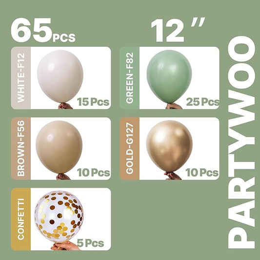 PartyWoo Sage Green Balloons 65pcs 12 Inch Metallic Gold Sand White Light Brown Gold Confetti Balloons for Baby Shower Wedding Engagement Jungle Woodland Forest Birthday Party Decorations