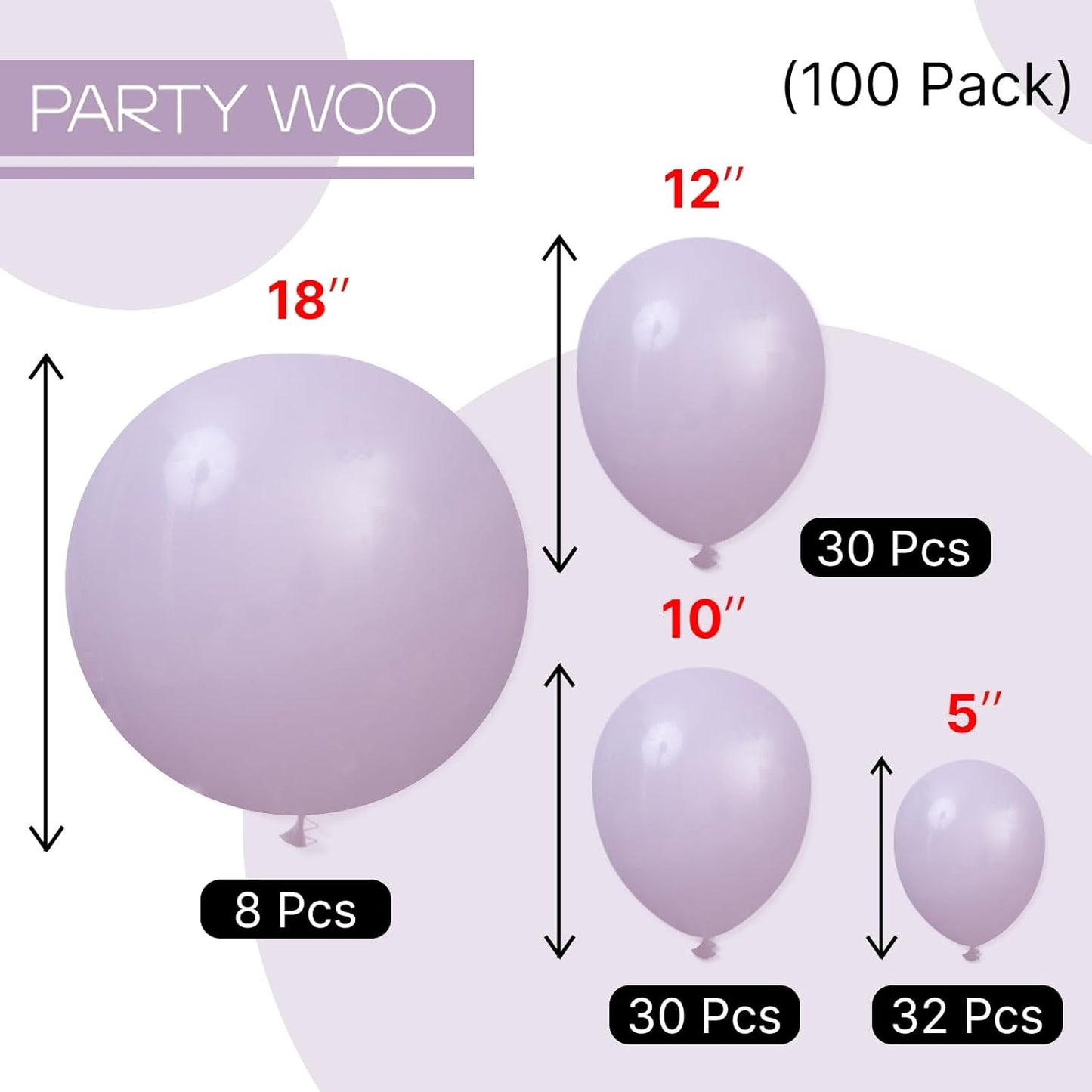 PartyWoo Dusty Purple Balloons 100 pcs Different Sizes of 18 12 10 5 Inch Matte Lavender Lilac Latex Helium Balloon Arch Kit Garland for Wedding Baby Shower Birthday Party Decorations Purple-F33