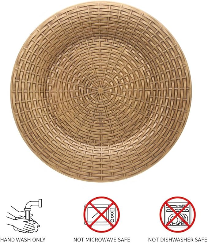 Rattan Chargers for Dinner Plates, 13" Antique Gold Charger Plates, Set of 6 Round Plastic Woven Texture Matte Finish for Wedding & Party (513BR)