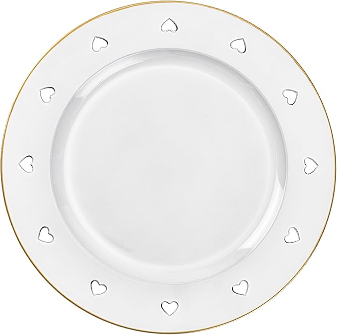 13" Round White Charger Plates, Heart Hollow Chargers for Dinner Plates with Golden Border, Formal Table Setting Accessory Centerpiece Bluk Wedding, Valentine's Day, Galentine's Day, Easter Set of 6