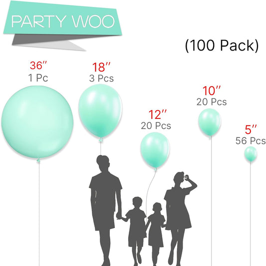 PartyWoo Mint Balloons, 100 pcs Pastel Teal Different Sizes Pack of 36 Inch 18 Inch 12 Inch 10 Inch 5 Inch Pastel Turquoise for Balloon Garland or Arch as Party Decorations, Mint-Q03