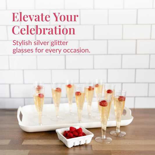 Prestee 24 Champagne Flutes Plastic - Disposable Flute - Silver Glitter Plastic Glasses for Parties - Mimosa Bar, Wedding, Shower Party, New Years Eve Party Supplies 2025 (Silver)