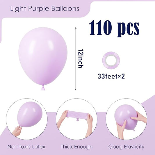 110pcs Pastel Purple Balloons 12inch Light Purple Latex Party Balloons for Graduation, Easter, Wedding, Birthday, Bridal Shower, Rainbow Party, Baby Shower, Anniversary Party Decorations