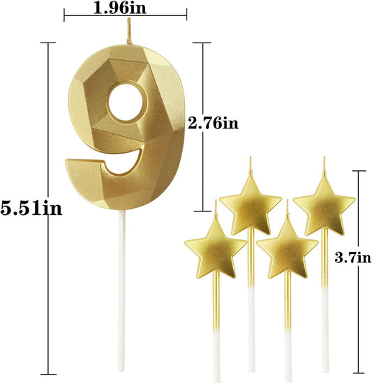Golden Number 9 2.76 inch 3D Diamond Shaped Birthday Candles for Parties and Cake Decorations