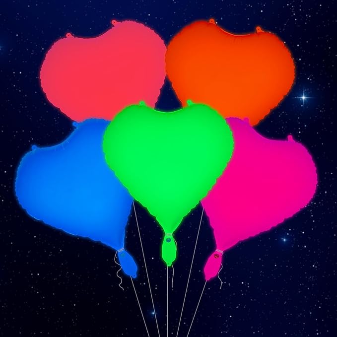 Mega-L Glow in the Dark Party Supplies, 5 Pcs Neon Heart Balloons Set – Fluorescent Red, Lemon Yellow, Fuchsia, Blue and Orange Balloons Perfect for Birthday, Wedding, Anniversary, Carnival
