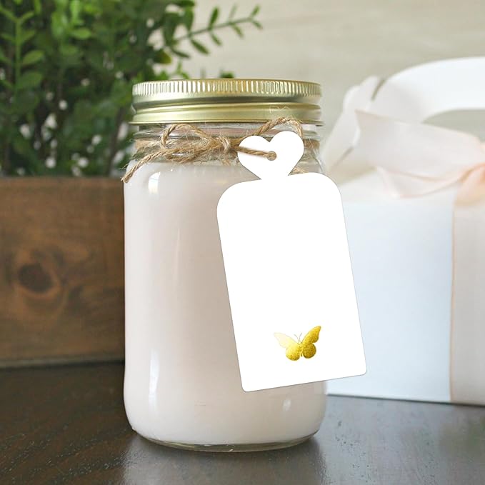 joycraft 100Pcs Gift Tags with String, 4x2 in Blank Tags with Gold Foil Butterfly, White Paper Labels for Birthday, Wedding, Baby Shower, Valentine’ s Day, Christmas