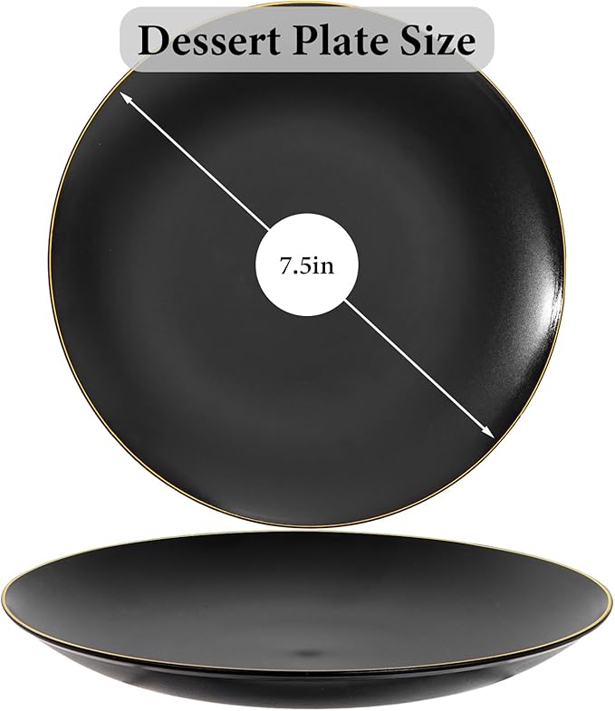 EI enjonirinjonir 80pcs Black Dessert Plates with Gold Rim,7.5inch Heavy Duty Disposable Matte Plastic Party Platos Frosted Small Black Dessert/Cake/Appetizer Plastic Plates for Wedding/Tea Party