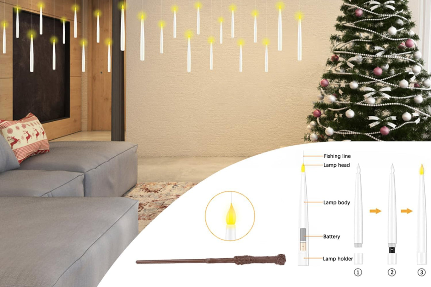 Christmas Decorations, 24PCS Floating Candles with Wand, Hanging Candles with Remote Wand, Warmwhite Flickering Flameless Magic Floating Candle Lights for Halloween Christmas Party