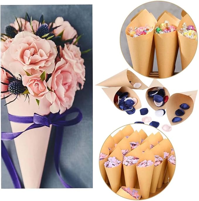 50pcs Wedding Confetti petals Cones, Kraft Cone Party Table Decor Candy Cones Charcuterie Cones Flowers Packing Bag