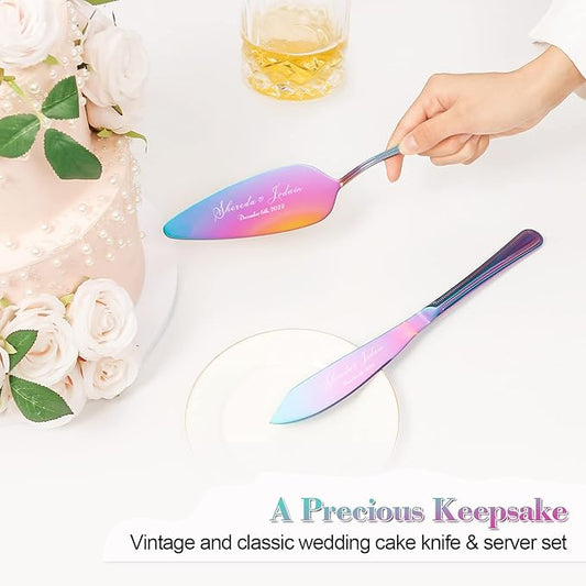 Cake Cutting Set for Wedding, Personalized Wedding Cake Knife and Server Set, Vintage Engraved 2-Piece Pie Pizza Cutter Serving Set, Custom Bridal Anniversary Birthday Quinceañera Gift(Rainbow)
