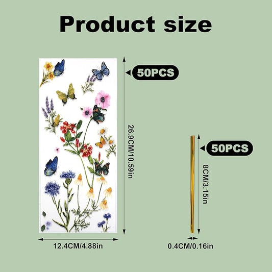 Tinoaly 50pcs Wildflower Party Plastic Goodie Bags, Clear Floral Butterfly Candy Cellophane Bags Wildflower Party Favor Decorations for Birthday Baby Shower Snack Cookie Gift Packing