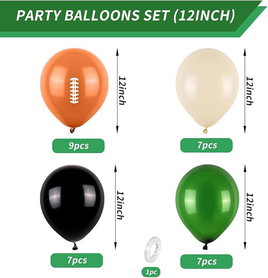 12 Inch Football Printed Party Balloons - Dark Green, Black, Beige - Boys Sports Birthday Party Decorations