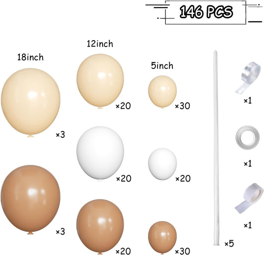 Boho Balloons Garland Arch Kit, 146 Pcs Brown Nude White Balloons Different Sizes for Girls Baby Shower Garden Tea Party Bachelorette Birthday Wedding Decorations