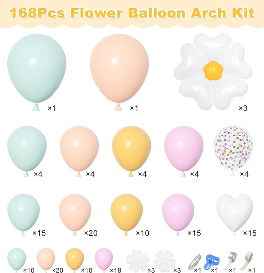 168Pcs Daisy Balloon Arch Garland Kit, Pastel Blue Orange Yellow Purple Confetti Daisy Wild Flower Balloons for Mothers Day Boho Two Groovy One Birthday Floral Girl Baby Shower Spring Party Decoration