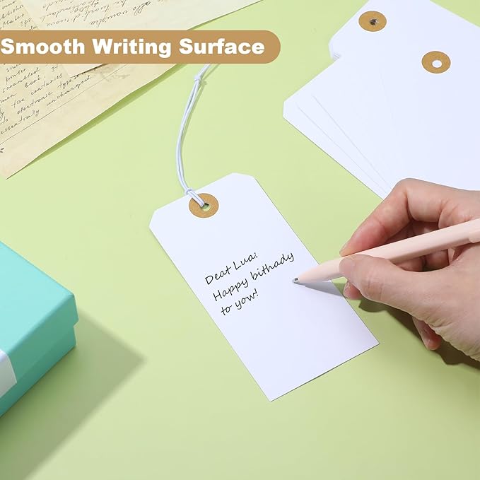 300 Pcs White Hanging Tags with Elastic String – Large 4.72" x 2.36" Writable Marking Tags, Reinforced Hole for Gifts, Inventory & Pricing (Premium Cardstock)