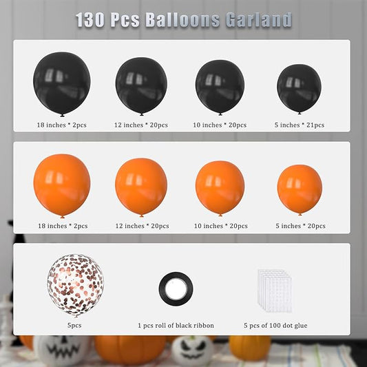 Orange and Black Balloons Arch Kit,130 pcs Black Latex Balloons,Different Sizes Orange Balloons for Halloween Party,Graduation Decorations