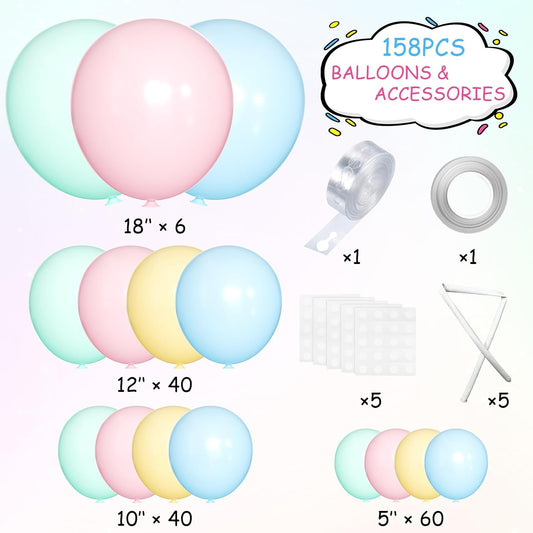 Pastel Balloon Garland Arch Kit, 146Pcs Macaron Pink Blue Green Yellow Latex Balloons Different Sizes 18 12 10 5 Inch for Gender Reveal Baby Shower Wedding Birthday Party Decoration