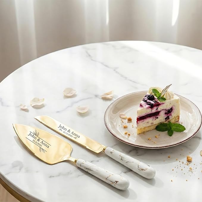 sinfinate Personalized Wedding Cake Knife and Server Set Gold - Custom Engraved Stainless Steel Cake Servers Cutting Set with Marble Pattern, Elegant Gift for Wedding Anniversary Birthday Christmas