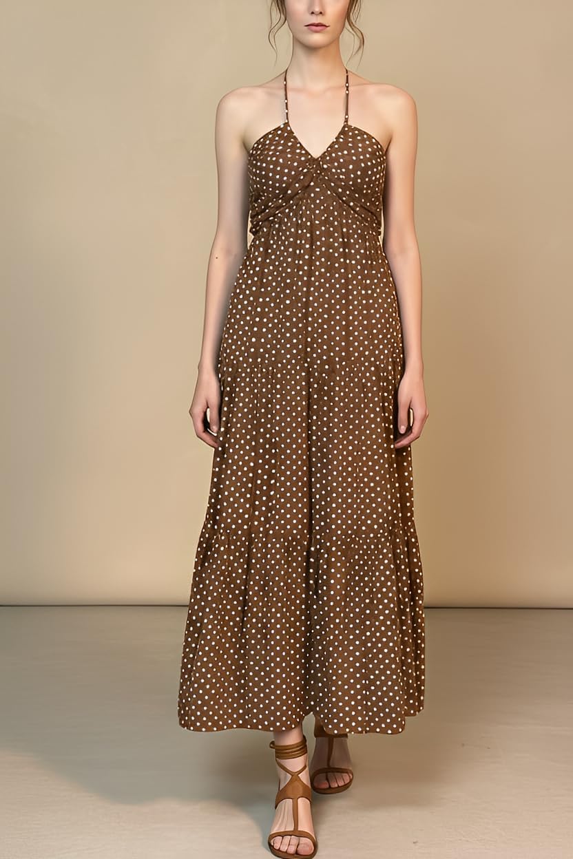 Women's Casual Halter Tiered Vacation Maxi Dress with Pockets