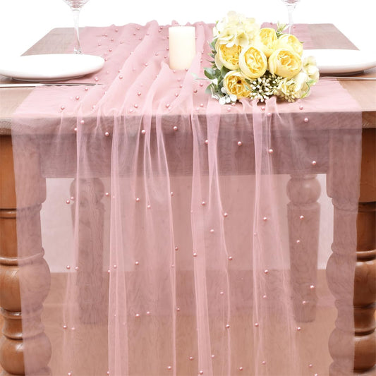 Dusty Rose Pearl Fall Thanksgiving Table Runner Boho Rustic Tulle Lace Table Runner for Baby Shower Wedding Arch Decor Veil Dessert Table Decor