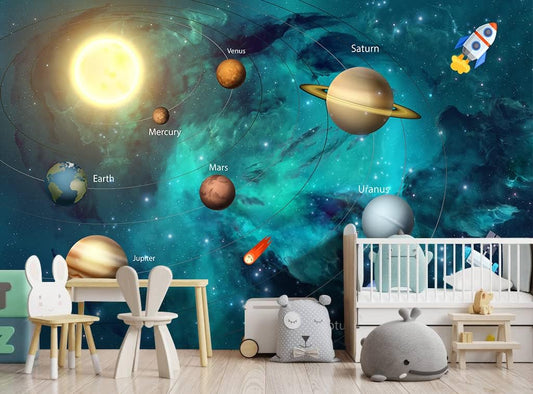 Kids Universe Planet Galaxy Wallpaper Solar System Starry bight Sky Ceiling Nursery Wall Mural - 160"x108"(Not Peel and Stick)