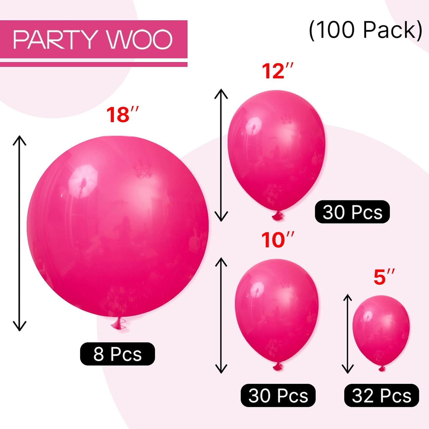 PartyWoo Hot Pink Balloons 100 pcs Different Sizes of 18 12 10 5 Inch Magenta Fuchsia Dark Pink Balloon Arch Kit Garland for Valentine's Day Baby Shower Princess Birthday Party Decorations Pink-Y12