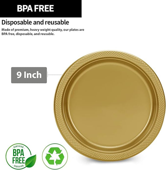 Gold Solid Color Premium Heavy Weight Plastic Dinner Plate (9") 50 Count - Elegant & Durable, Perfect for Parties & Events