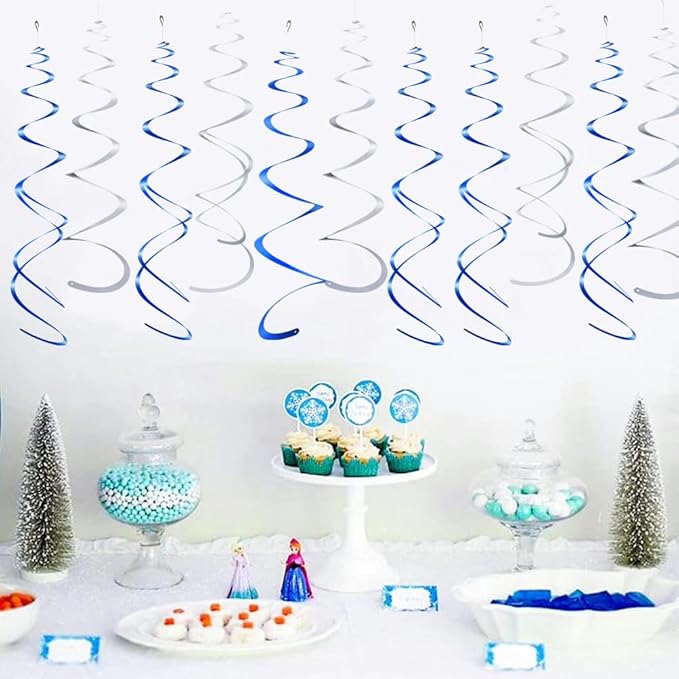 MOWO Silver and Royal Blue Foil Swirl Hanging Decoration for Birthday Graduation Winter New Year Party Supplies,Pack of 20