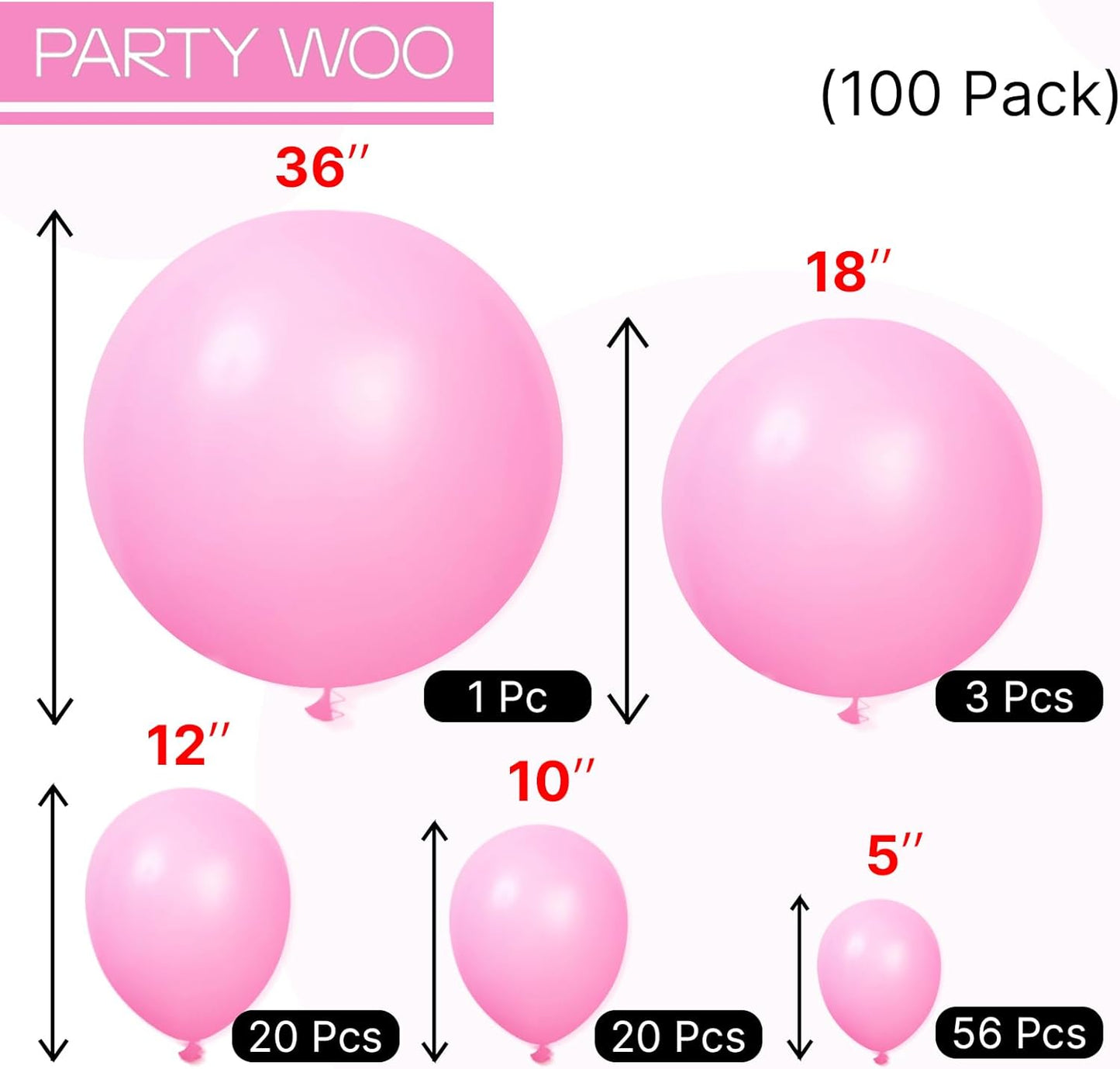 PartyWoo Pink Balloons 100pcs Different Sizes of 36 18 12 10 5 Inch Matte Pink Balloon Arch Kit for Baby Shower Gender Reveal Princess Bachelorette Engagement Birthday Party Decorations Pink-Y11
