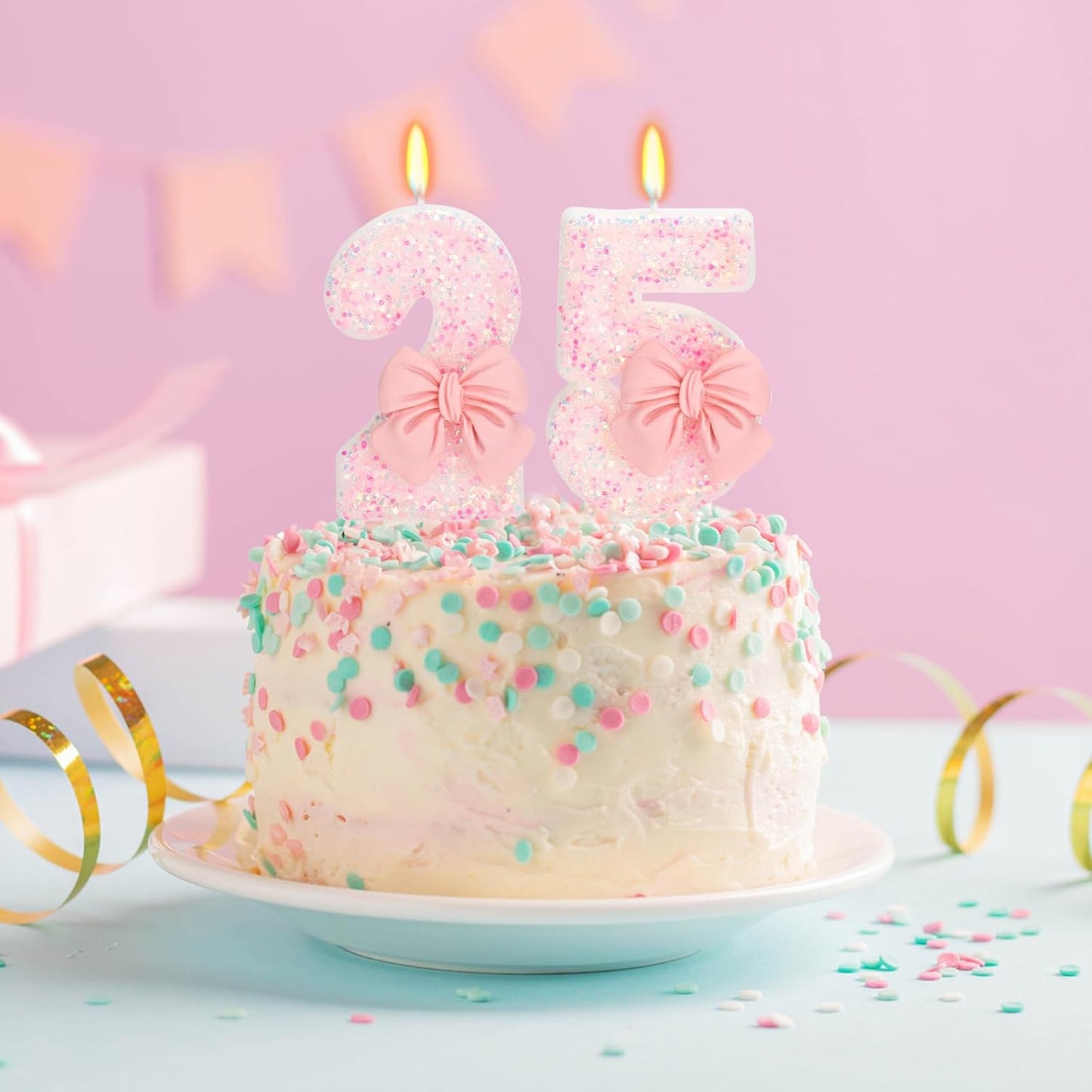 25th Birthday Number Cake Candles, Pink Bow, Modern Style, 3" Tall, Smokeless Wax, Non-Toxic, Perfect for Birthdays