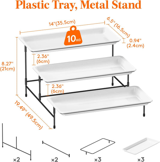 Lifewit 3 Tier Serving Tray, 14" x 6.5" White Plastic Tiered Food Serving Platters, Tiered Tray Stand for Party with Black Collapsible Metal Stand, Dessert Display Stands for Cookies, Crackers