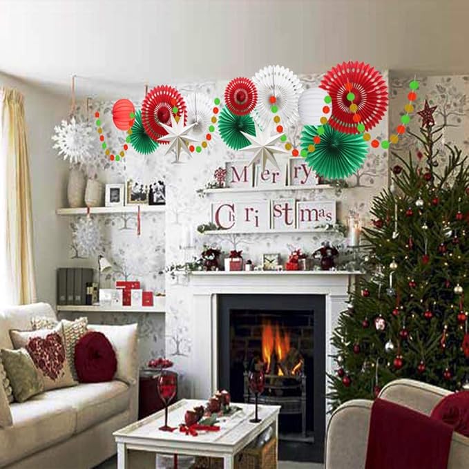 Christmas Party Decoration Set of Hanging Tissue Paper Fans Circle Garland Paper Lanterns for Italian Party Graduation Wedding Birthday Backdrop