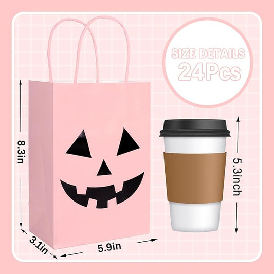 JarThenaAMCS 24Pcs Halloween Kraft Paper Bags with Handles Jack O' Lantern Gift Bags Pink Black Pumpkin Candy Goodie Bags for Birthday Trick or Treat Party Supplies