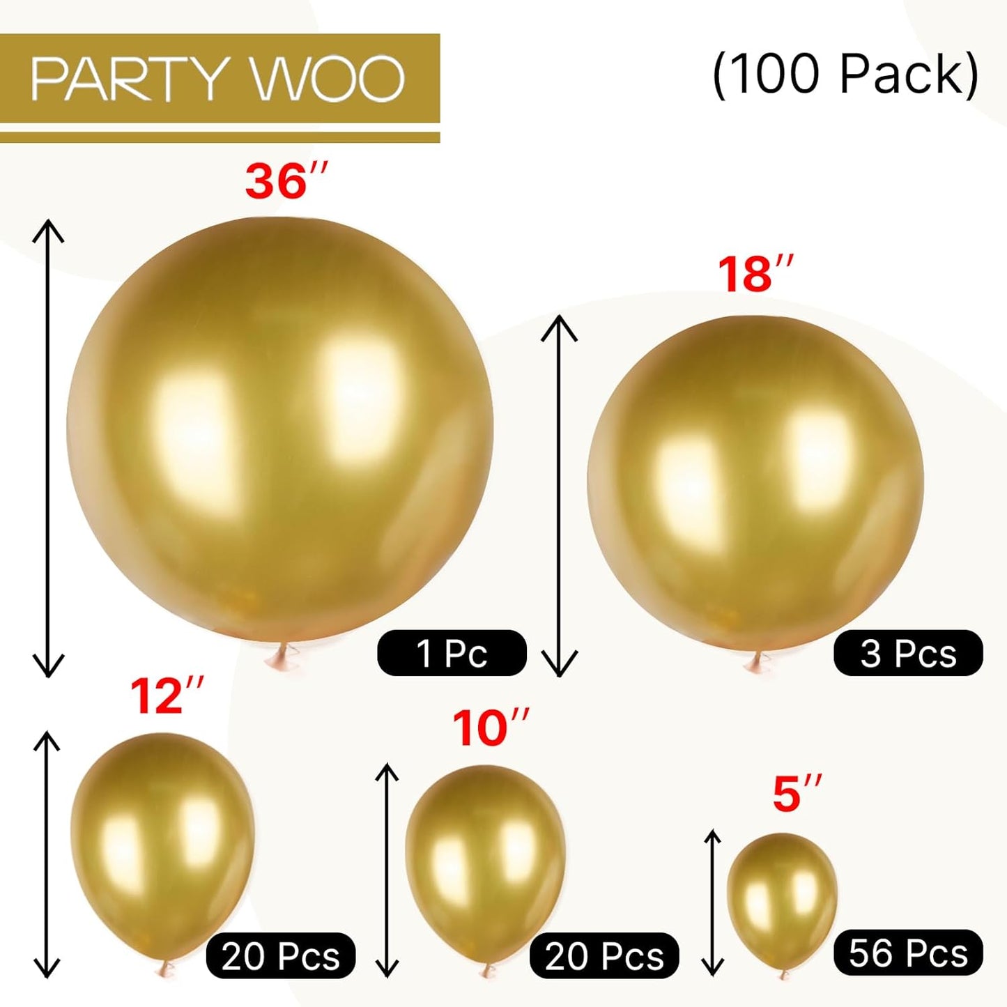 PartyWoo Metallic Gold Balloons 100 pcs Different Sizes Pack of 36 18 12 10 5 Inch, Chrome Gold Balloon Arch Kit Garland for Birthday Graduation Baby Shower Wedding Party Decorations Gold-G101
