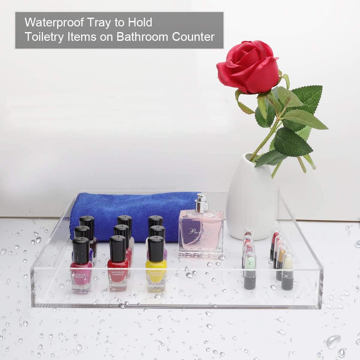 Waterproof Acrylic Vanity Tray, Remote Control Sturdy Valet Tray Organizer, Lucite Nightstand Dresser Bathroom Organizer, Square Acrylic Tray (Clear-10''x10'')