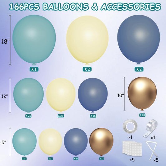Dusty Blue Balloon Garland Arch Kit, 166Pcs Retro Blue Pastel Baby Blue Macaroon Yellow Gold Metallic Balloons for Baby Shower Wedding Boy Birthday Decoration