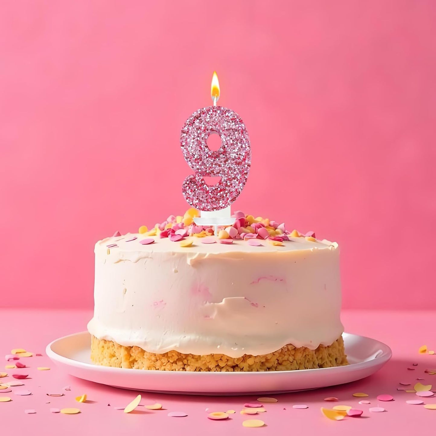 Birthday Number Candles, Glitter Number Candle Cake Decorations with Sequins, Cupcake Decorations for Girls, Women, Party Anniversary Celebrations (Number 9, Pink)