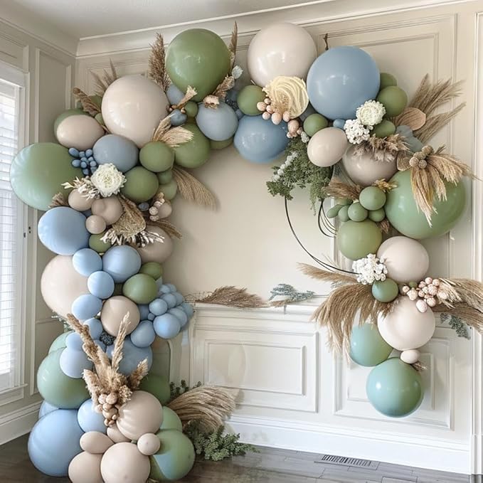 Dusty Blue Green Balloon Garland Arch Kit Double Stuffed Avocado Green Balloons Thick Latex White Sand Pastel Blue Balloons Kit For Jungle Safari Neutral Birthday Baby Shower Party Deocrations