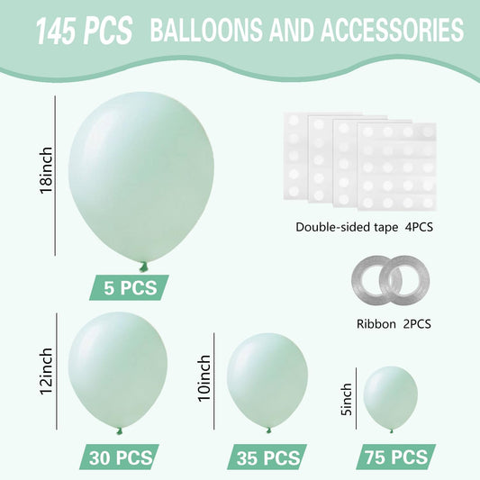 Pastel Green Balloons 145pcs Different Sizes 18 12 10 5 Inches Mint Green Latex Balloon Garland Arch for Birthday Baby Shower Wedding Anniversary Graduation Party Decorations