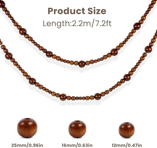 2PCS Christmas Wood Beads Garland 14.4 Feet Wooden Bead Garland Boho Ornaments for Christmas Tree, Xmas Vintage Rustic Farmhouse Round Craft Bead Hanging Holiday Decorations(Coffee)