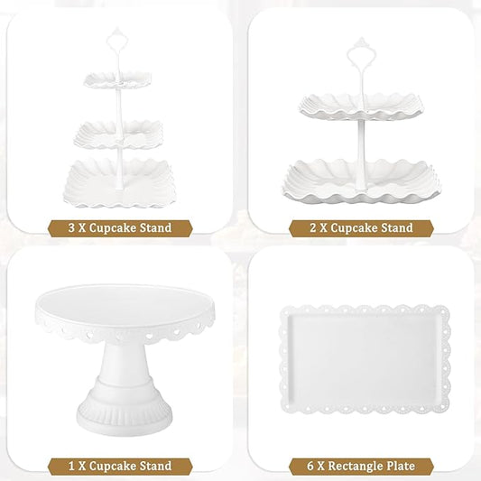 Willinglong 12 Pcs Dessert Cupcake Stand Holder, Cake Table Display Set Include 5 Cupcake Stand Tiered Tower 1 Cake Holder 6 Serving Tray Combo for Tea Party Birthday Baby Shower Wedding(White,White)