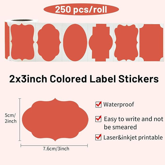 Yeachlaing Red Labels - 250 PCS 3" x 2" Fancy Shape Stickers for Storage Box or Food Jars