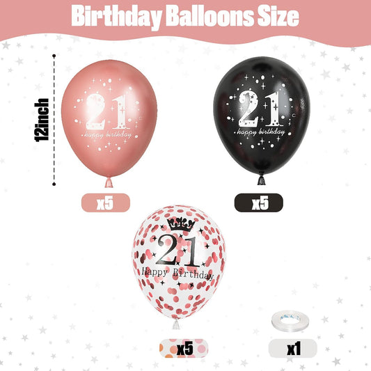 21st Birthday Decorations for Her, 15 Pcs Happy Balloons Latex Helium Black Rose Gold Confetti for Girls Women Age 21 Years Old Celebration Party Supplies