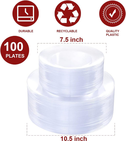 PULOTE 100Pieces Clear Plastic Plates - Premium Heavyweight Plastic Clear Plates Disposable for Wedding&Party Include 50 Clear Dinner Plates, 50 Clear Dessert/Salad Plates